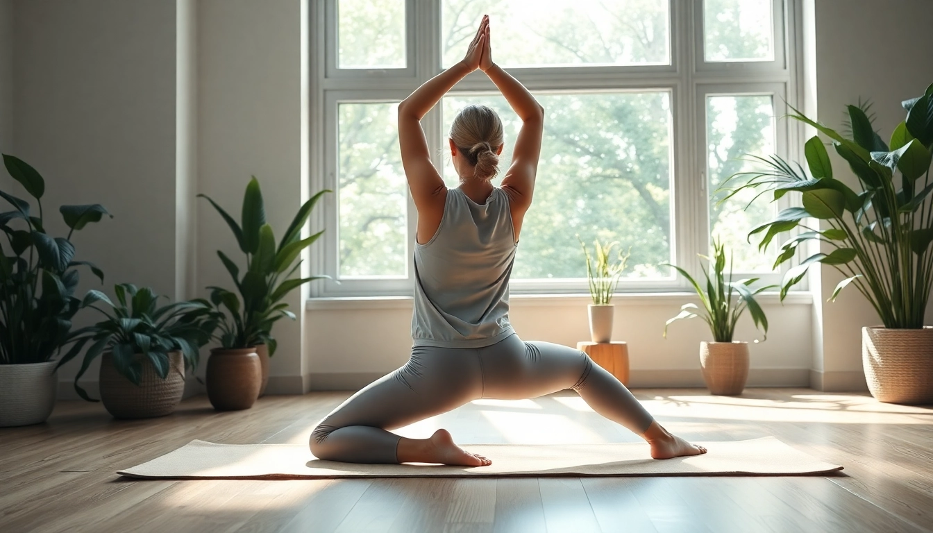 Practicing yoga as a natural back pain solution in a tranquil indoor setting.