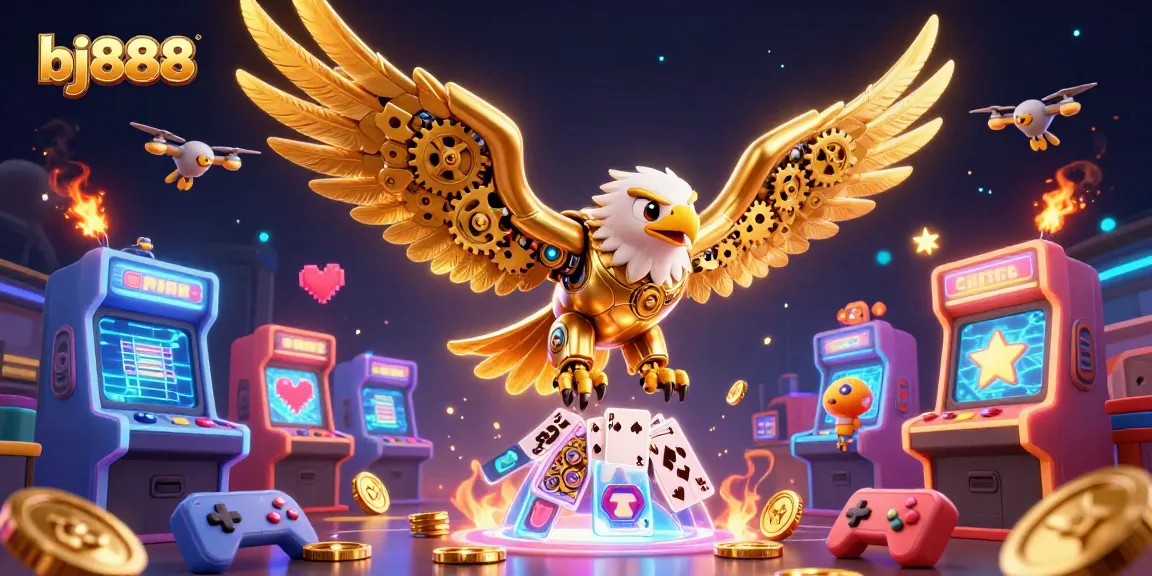Join the excitement at bj888 with a dynamic golden eagle diving through vibrant playing cards.