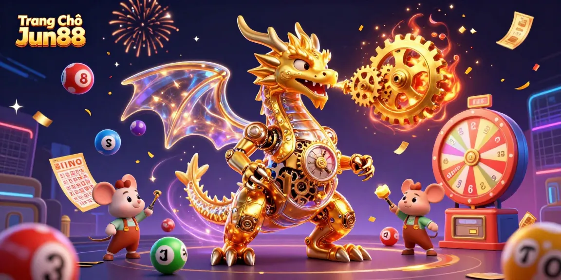 Engage with the exhilarating Trang Chủ Jun88 experience featuring a golden dragon among vibrant lottery elements.
