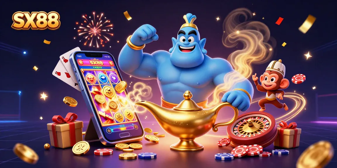 SX88 showcases a magical scene with a muscular genie, poker chips, and a slot game bursting with excitement.