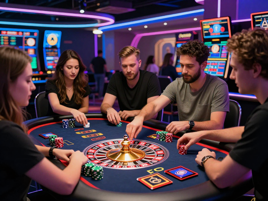 Exciting crypto casino scene with players at a digital roulette table showcasing engaging gameplay and vibrant atmosphere.