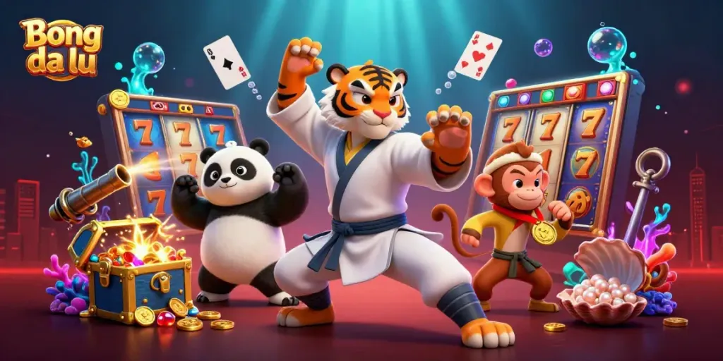 Bong da lu illustrations depict cartoon characters winning in a vibrant casino environment full of slots and treasures.