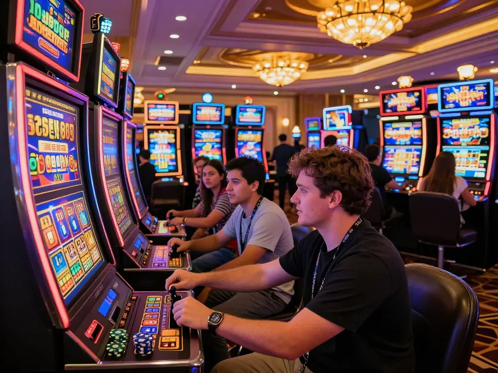 Excited players enjoying a slot jackpot experience in a colorful casino atmosphere.