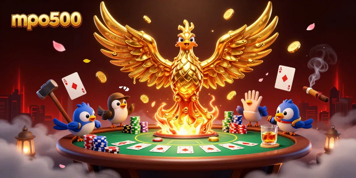 Experience the excitement of mpo500 with a vibrant 3D illustration featuring poker elements and a golden phoenix.