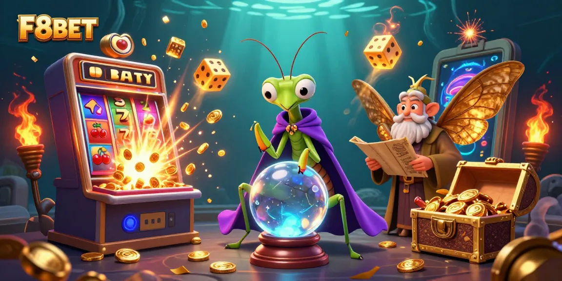Play with F8BET's vibrant slot machines amidst whimsical fortune tellers and mystical oracles.