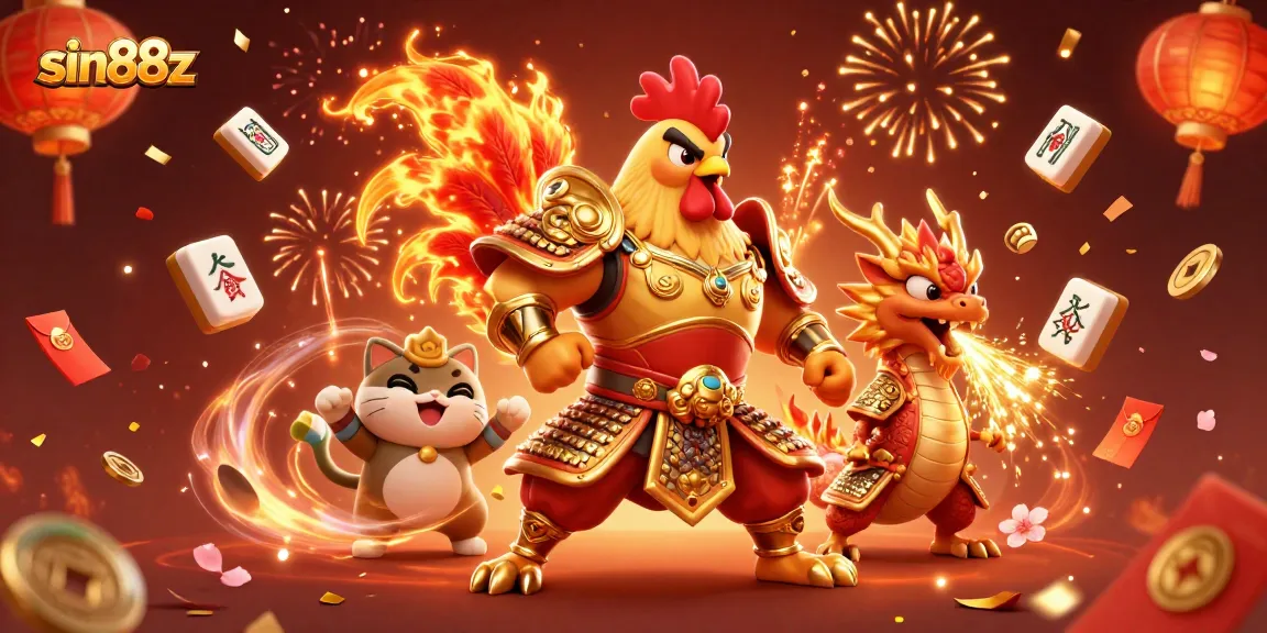 Engage in sin88z gaming adventures with a vibrant scene featuring a rooster warrior, dragon, and festive elements.