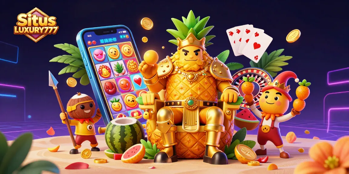 Situs LUXURY777 mempersembahkan ilustrasi kasino 3D yang megah dengan karakter raja nanas dan elemen permainan yang menawan.
