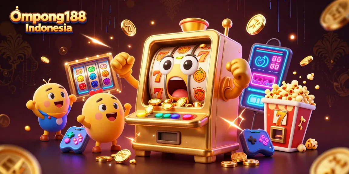 Slot machine meriah menang jackpot di Ompong188 Indonesia, dikelilingi simbol dan elemen permainan yang cerah.