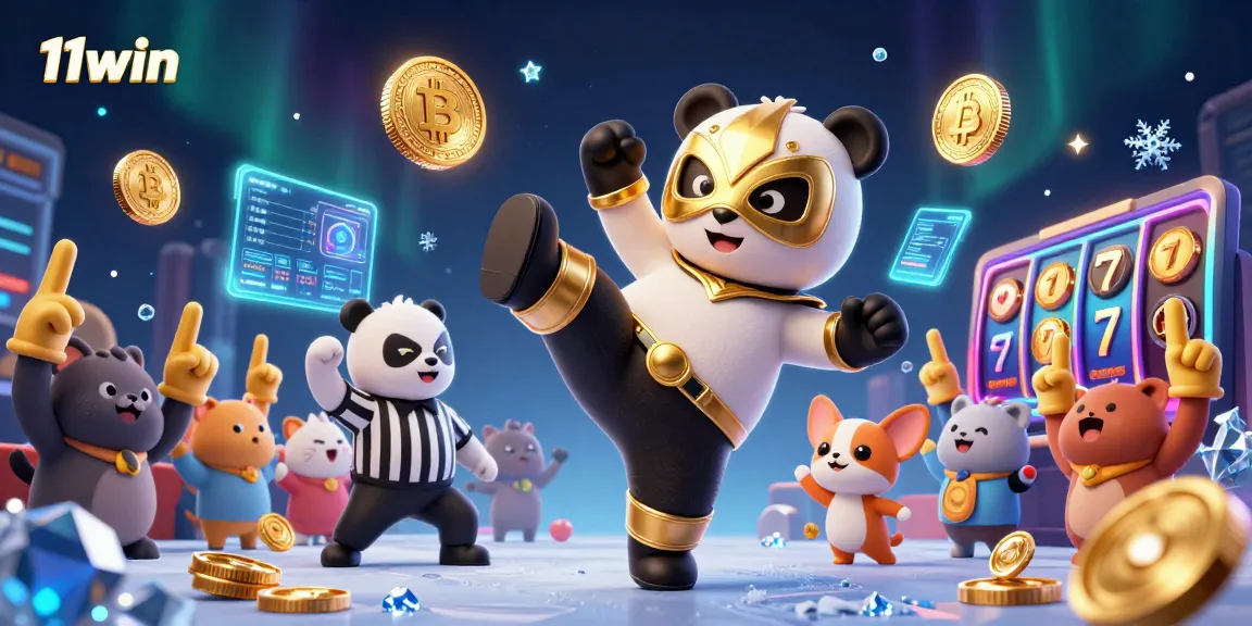 Experience thrilling action with 11win's cartoon wrestler panda kicking through a vibrant crypto casino.
