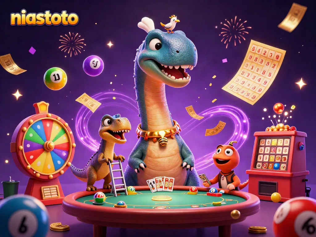 Engage with niastoto's vibrant online casino scene featuring a towering brontosaurus.