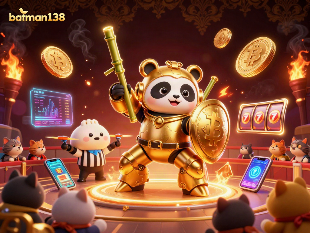 Batting for winnings with batman138 at a vibrant casino featuring a mech-suit panda.