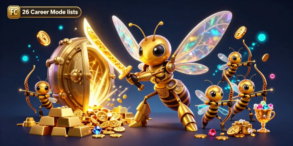 Engage with the FC 26 Career Mode lists in this vibrant, gold-themed 3D illustration.