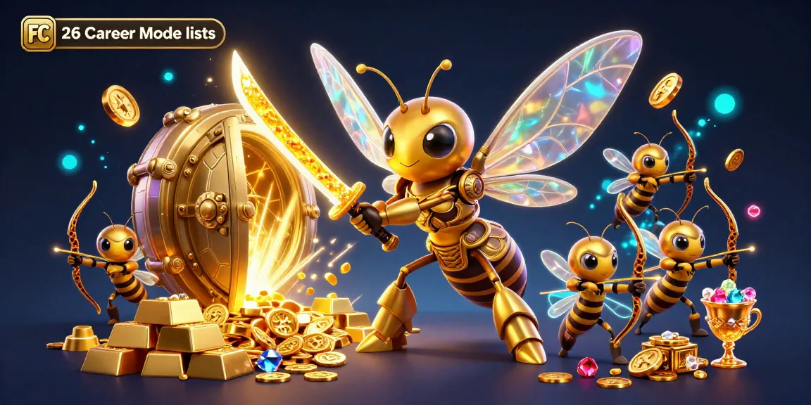 Engage with the FC 26 Career Mode lists in this vibrant, gold-themed 3D illustration.