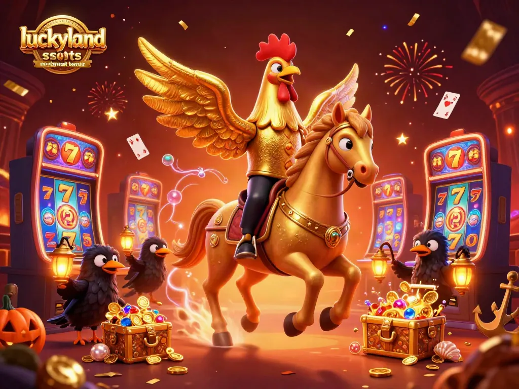 Play with luckyland slots no deposit bonus featuring a golden rooster and vibrant casino elements.