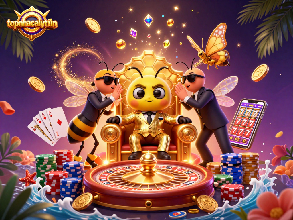 Engage with topnhacaiuytinn in this vibrant 3D casino scene showcasing rich gambling elements and characters.