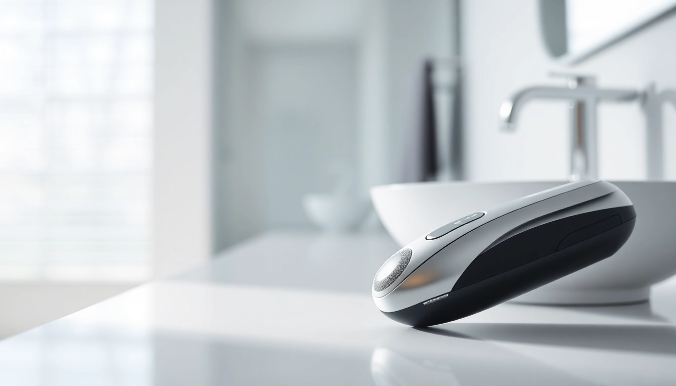 Mini electric shaver showcased in a modern bathroom setting highlighting its sleek design.
