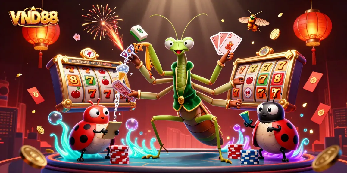 Experience VND88's vibrant gaming scene with a whimsical mantis dealer, ladybug pit boss, and dynamic slot elements.