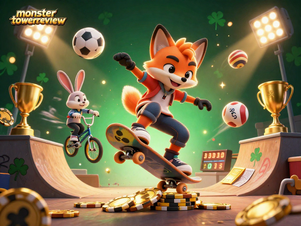Experience thrilling action in monstertowerreview with a skateboarder fox over golden poker chips.