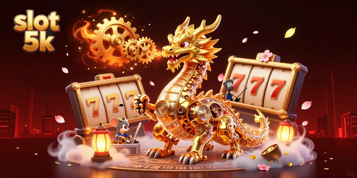 Spin to win with slot 5k in this vibrant 3D casino illustration featuring a golden dragon.