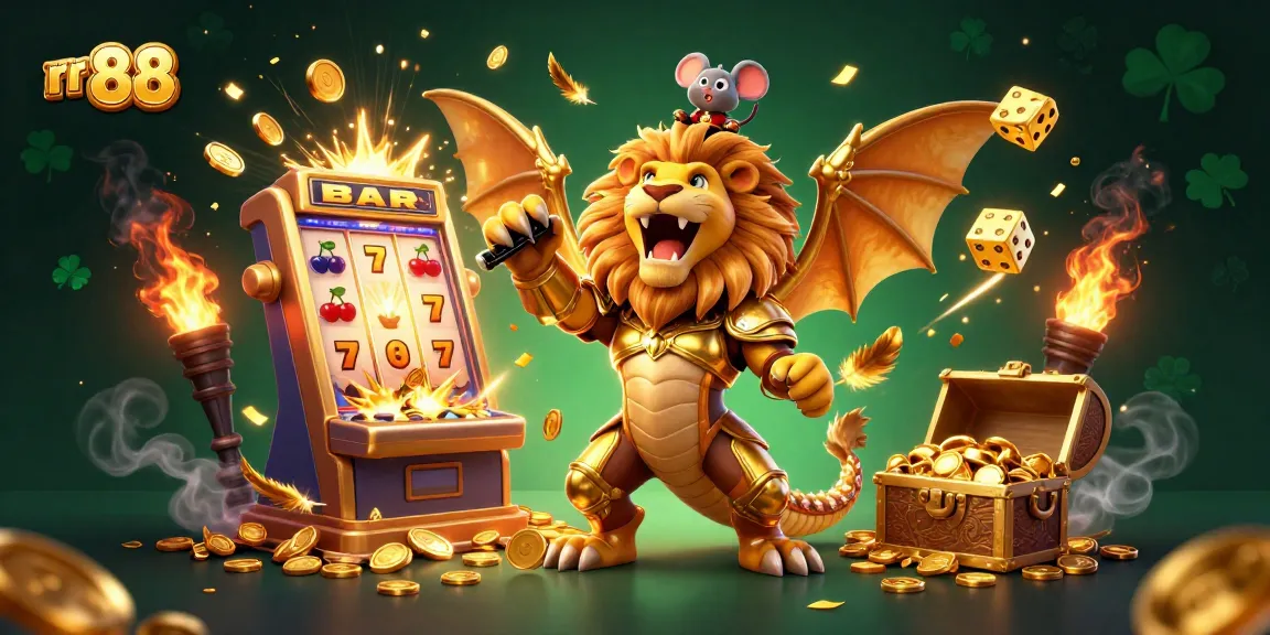 Experience the thrilling gameplay of rr 88 with a casino adventure illustrated as a 3D chimera and gold treasures.