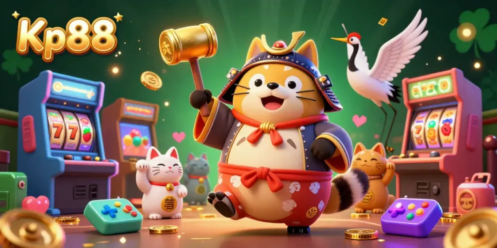Kp88 brings luck and excitement with vibrant gambling-themed 3D illustration including a cheerful tanuki.