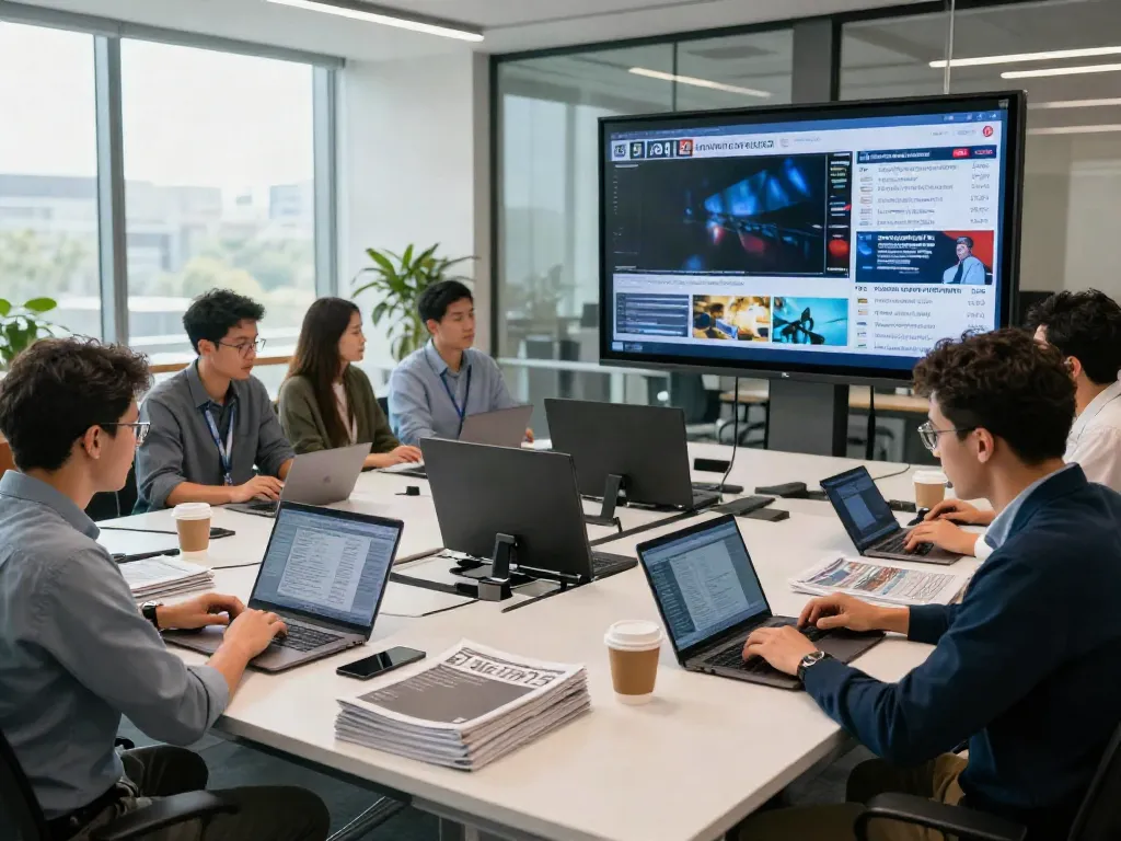 Dynamic newsroom environment at elligilgal.com showcasing technology and health news for 2026.