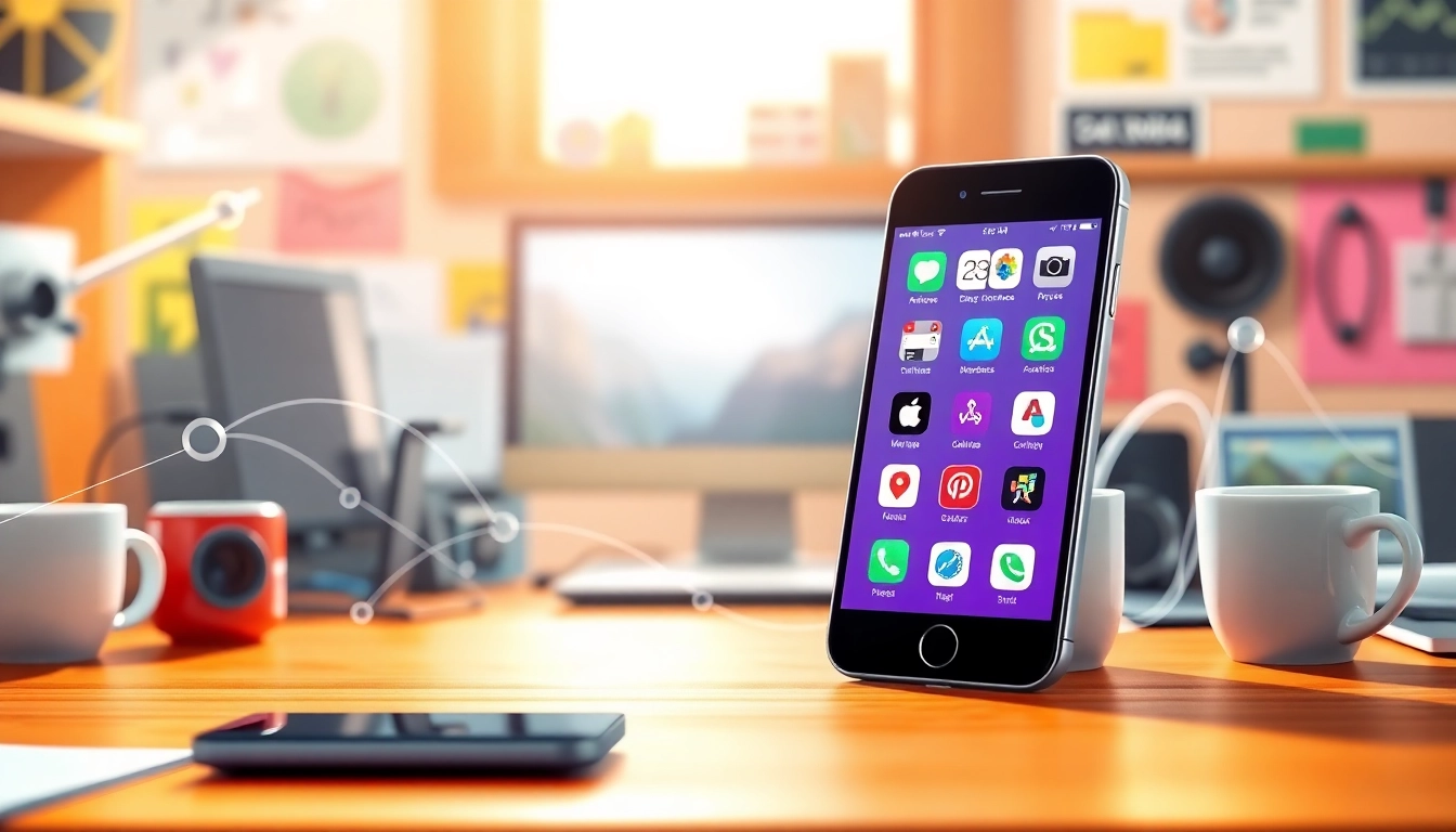 Showcase of top american apps on a smartphone in a vibrant workspace setting.