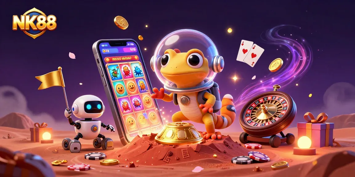 Experience NK88 with a vibrant 3D scene showcasing a Martian gecko exploring a golden casino.