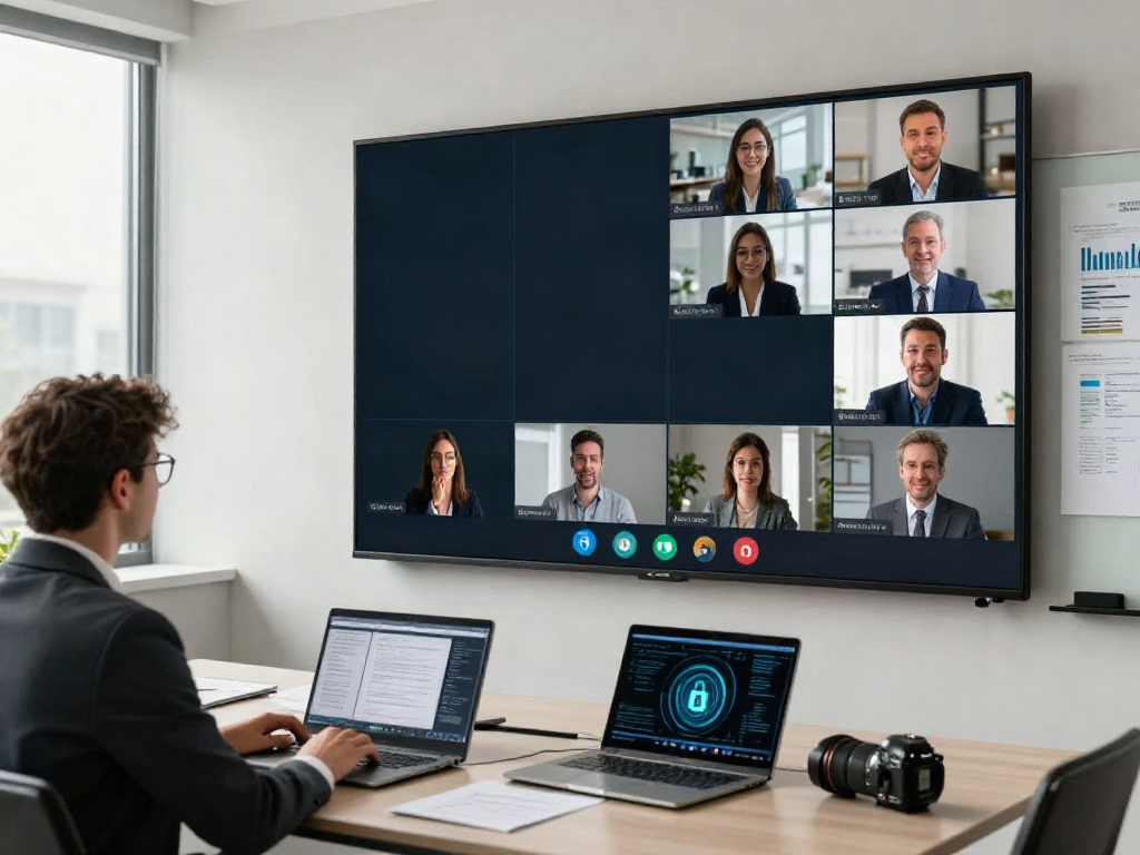 Deepfake protected meetings in a secure virtual conference with diverse professionals and digital security overlays.