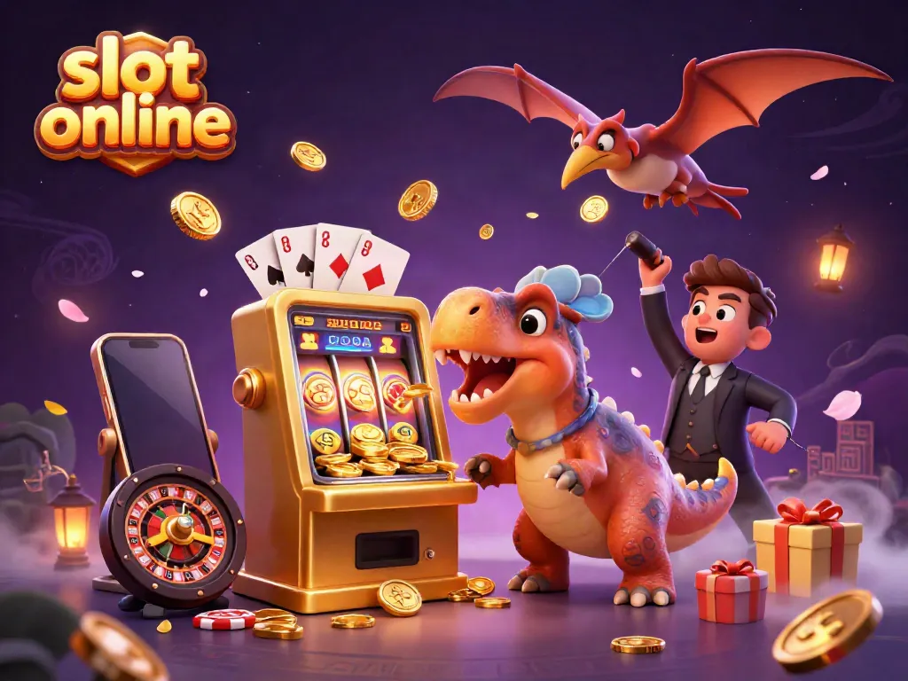 Experience slot online excitement as a dinosaur interacts with a golden jackpot machine, collecting coins amidst vibrant casino elements.