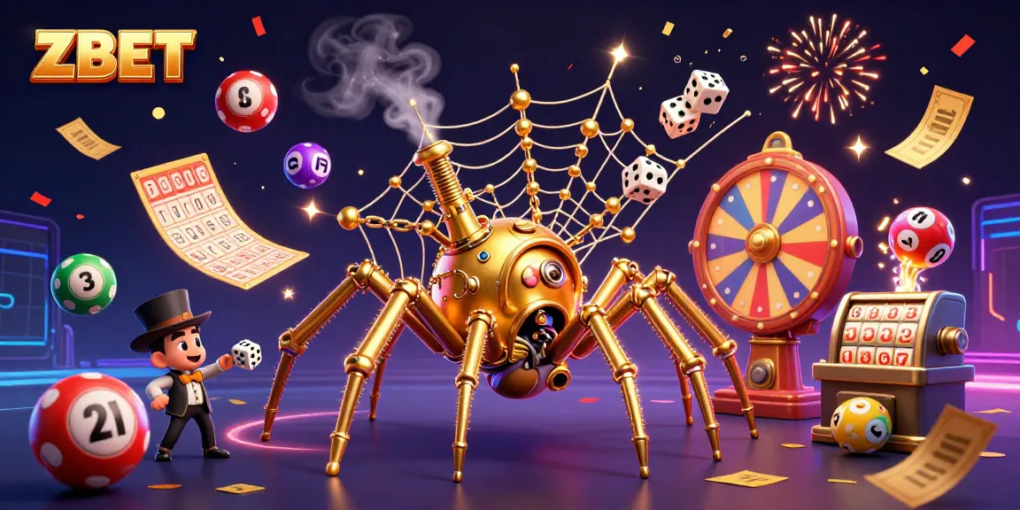 Experience the excitement of ZBET with a dynamic casino-themed 3D illustration featuring a golden spider and vibrant game elements.