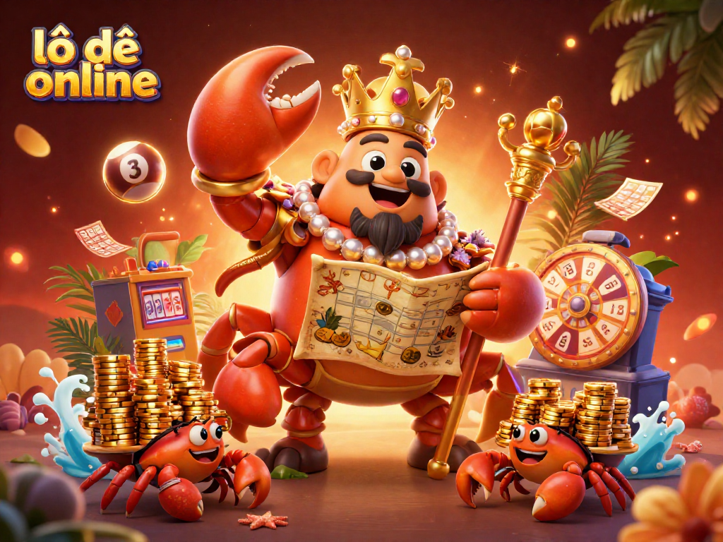 Engage in lô đề online gameplay with a vibrant illustration of a golden crab emperor amidst colorful lottery elements.