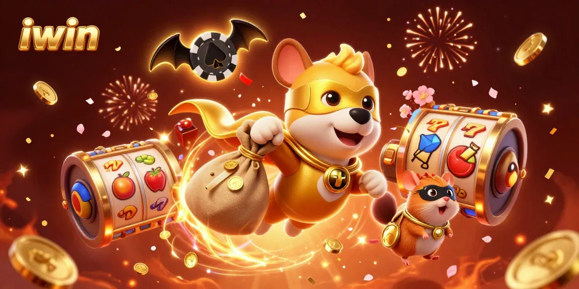 Experience the thrill of iwin with vibrant 3D characters and spinning slot reels in celebration.