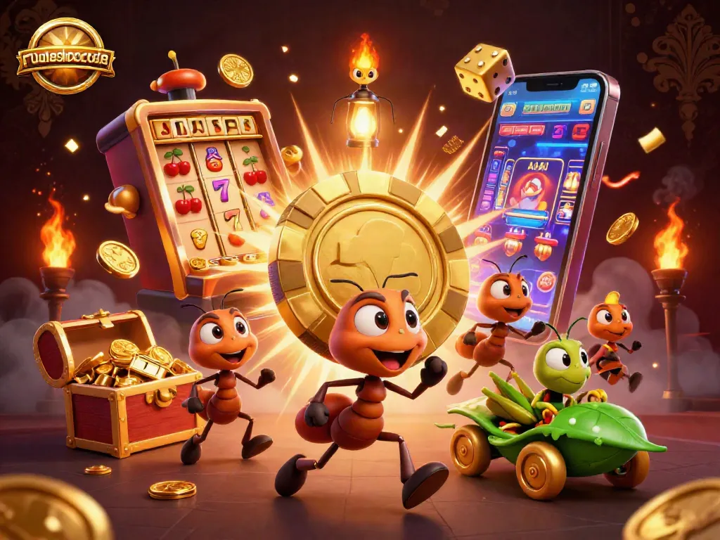 Engage with royalacebonuscodes in a heist-themed 3D casino illustration showcasing ant characters and gaming elements.