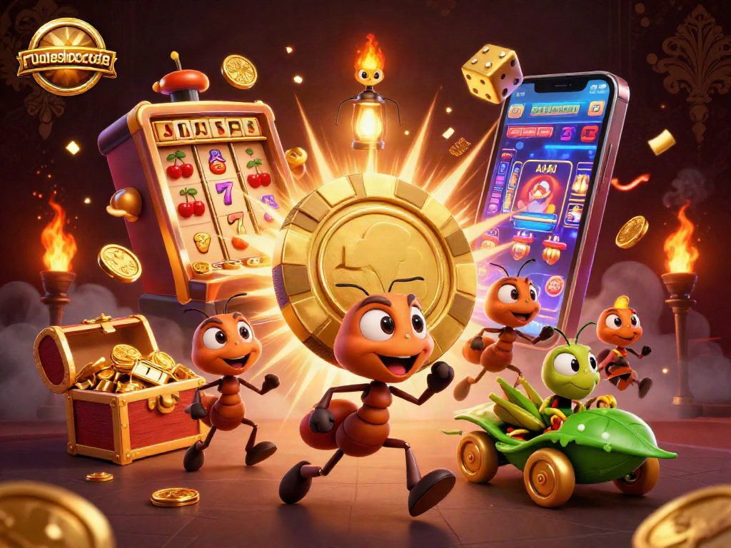 Engage with royalacebonuscodes in a heist-themed 3D casino illustration showcasing ant characters and gaming elements.