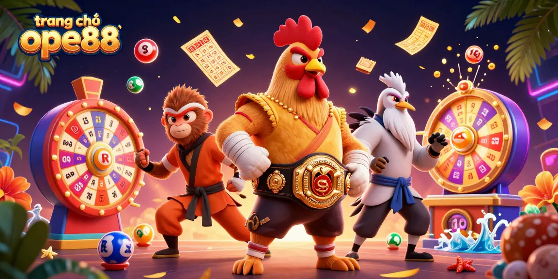 Engage with the vibrant world of trang chủ ope88 featuring a Muay Thai rooster and dynamic lottery elements.