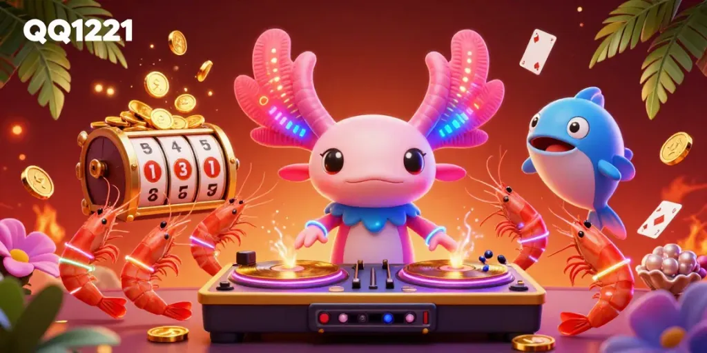 Experience excitement with QQ1221's vibrant gambling scene featuring a neon axolotl DJ and playful sea creatures.