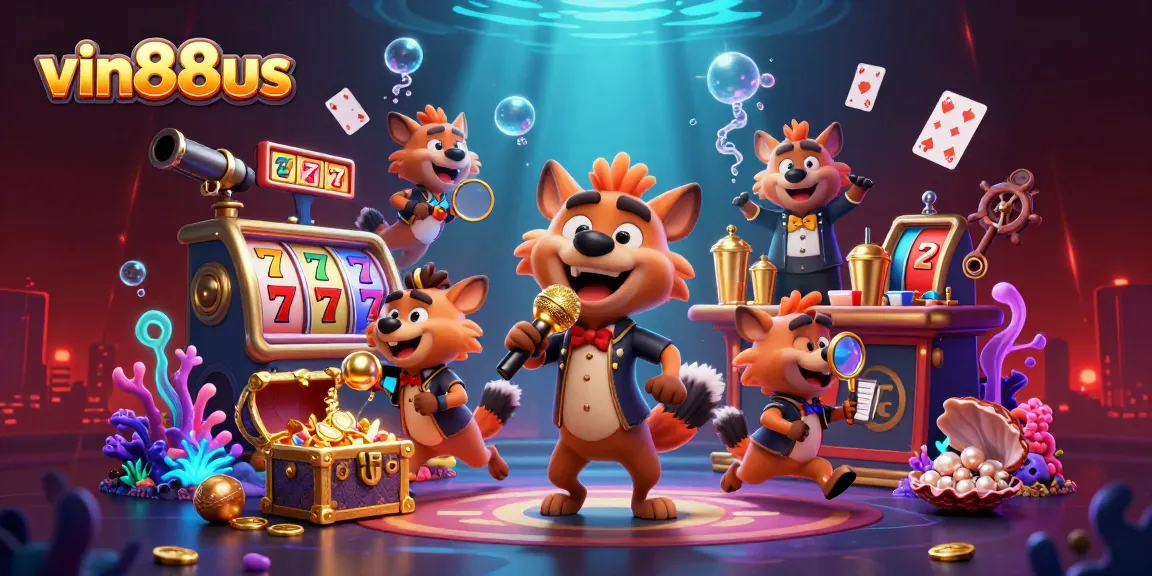 Experience the excitement of vin88us with hyenas hosting a lively casino scene filled with jackpot symbols.