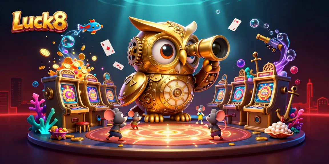 Engage with Luck8's vibrant casino experience depicted in a richly detailed 3D illustration with dynamic characters and elements.