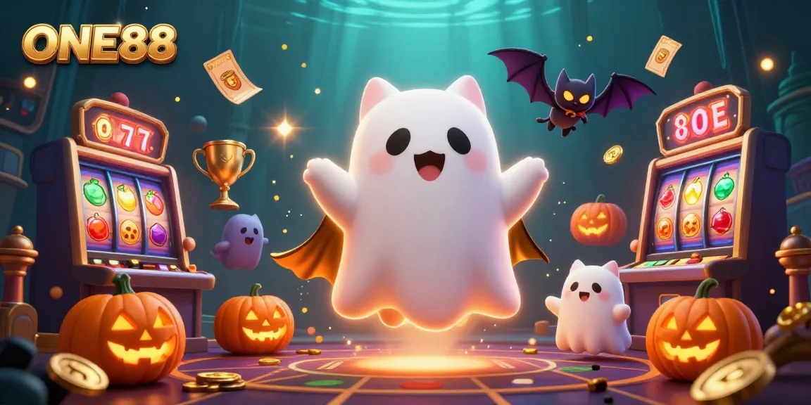 Engage in thrilling gaming action with ONE88 at a haunted casino, where a friendly ghost cat and bat companion create excitement.