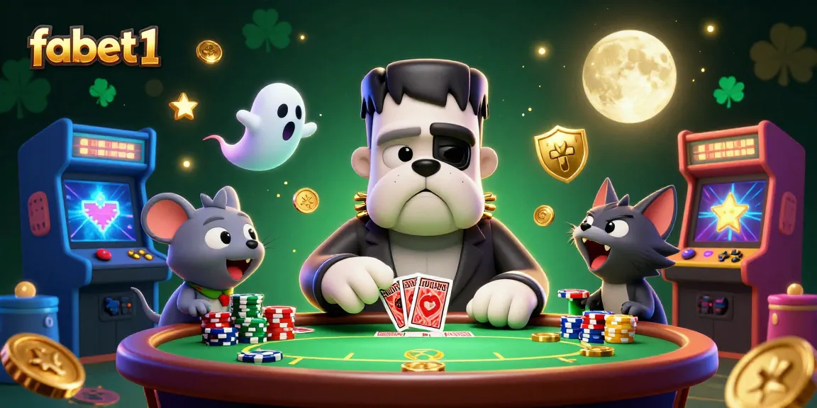 fabet1 brings excitement as the Frankenstein bulldog deals poker cards at a spooky table, featuring a werewolf kitten.