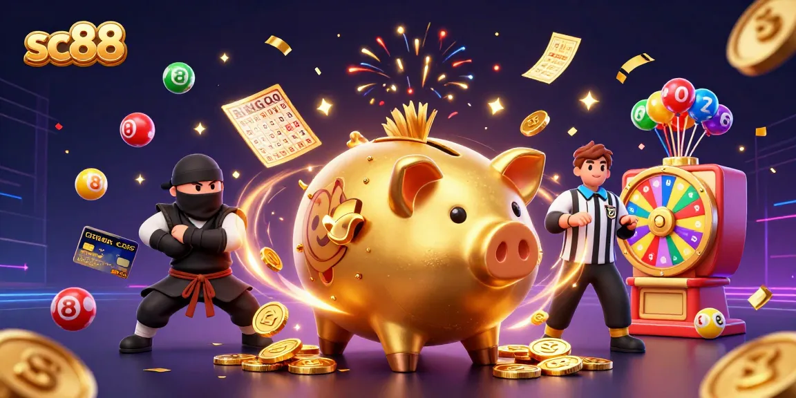 sc88 showcases a vibrant casino scene with a golden piggy bank sumo wrestler and dynamic lottery elements.