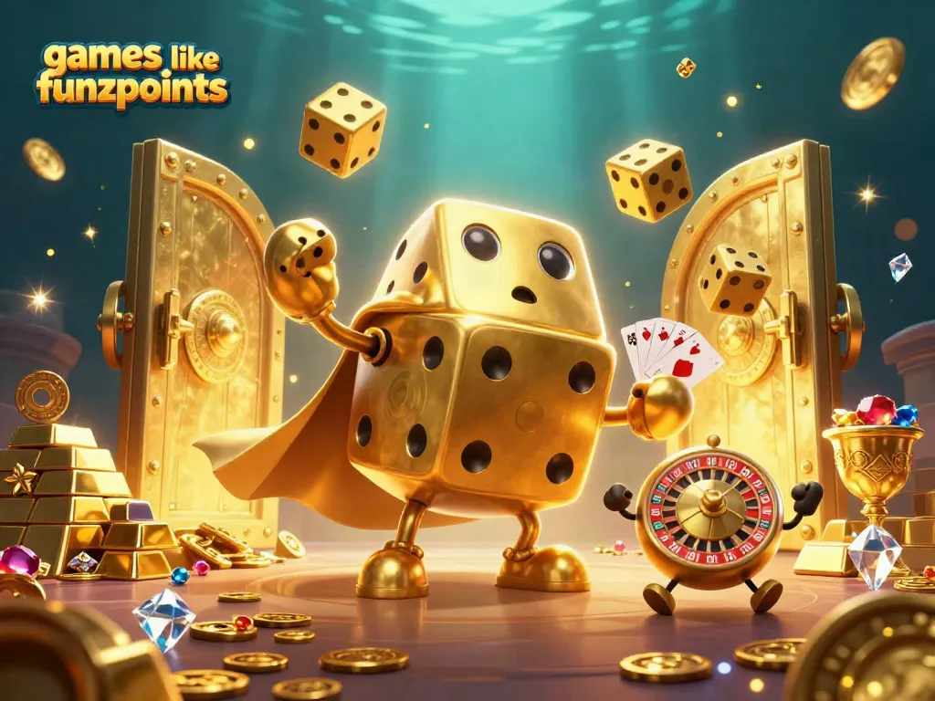 Experience games like funzpoints with an animated image of golden dice and treasure elements.