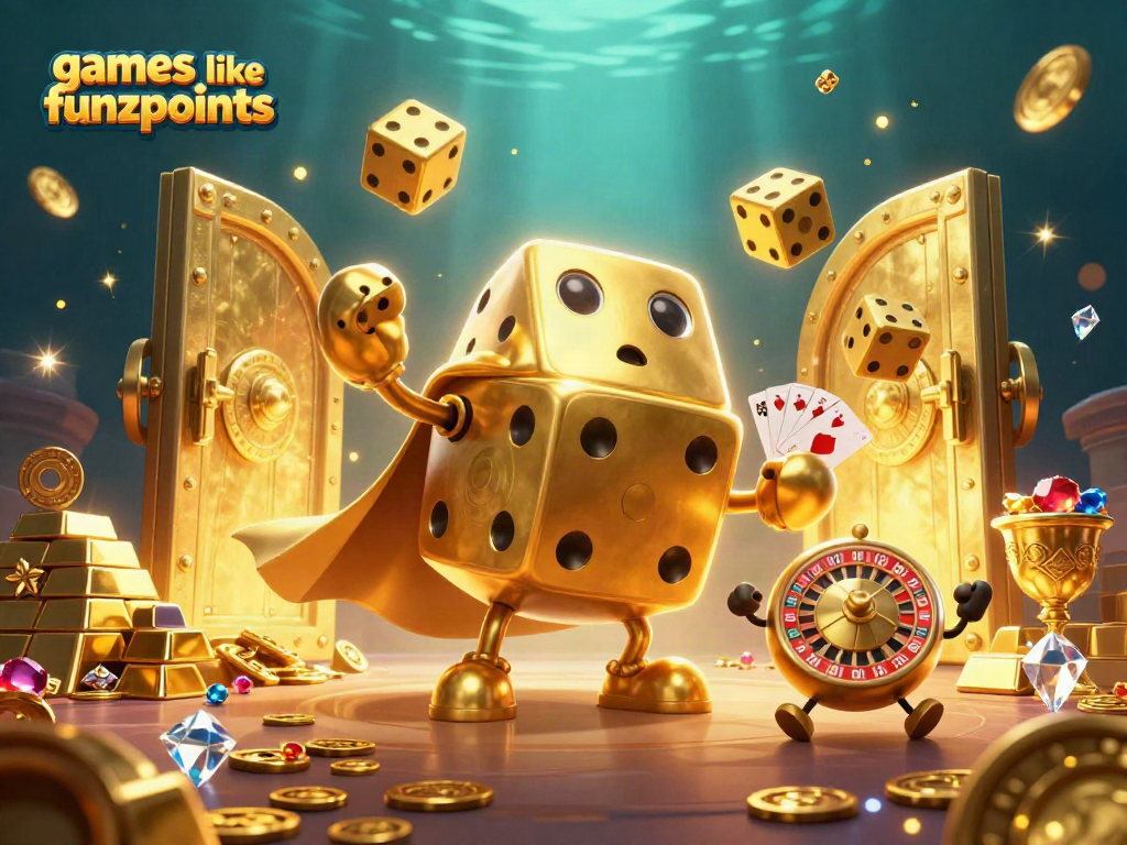 Experience games like funzpoints with an animated image of golden dice and treasure elements.