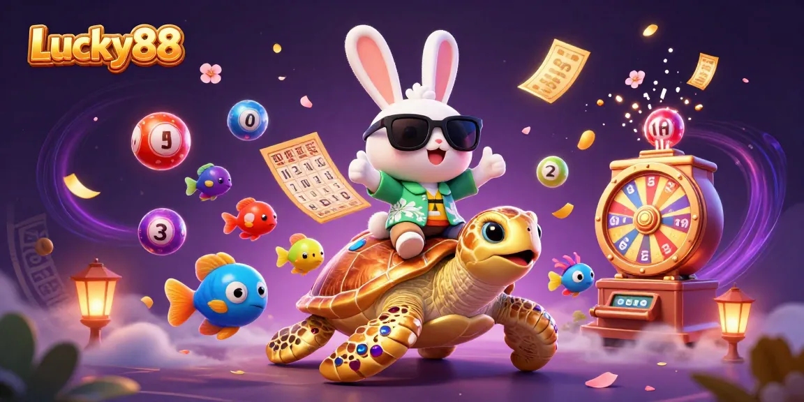 Experience Lucky88's thrilling lottery scene with a lucky rabbit, sea turtle, and vibrant action.