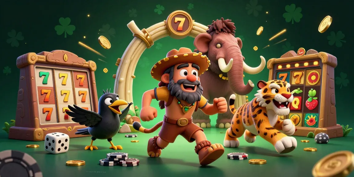 Une scène dynamique de casino en ligne avec un duo préhistorique animant un casino, jouant avec des jetons et des dés.