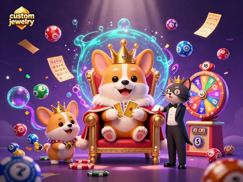 Engage with custom jewelry designs in this vibrant casino-themed 3D illustration featuring lively characters.