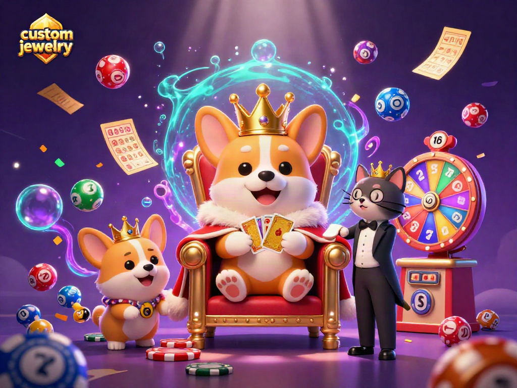 Engage with custom jewelry designs in this vibrant casino-themed 3D illustration featuring lively characters.
