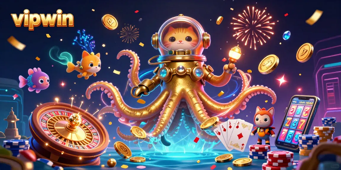 Experience the thrill of vipwin with an exciting scene featuring a giant kraken, treasure, and gaming elements.