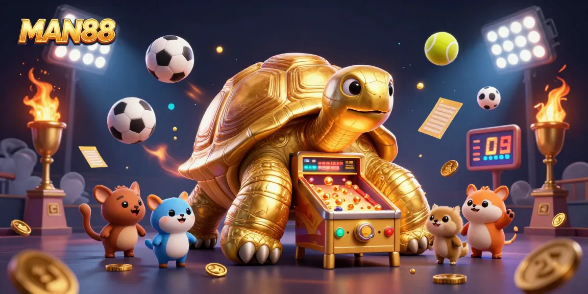 Engage with MAN88's thrilling betting experience featuring a cartoon tortoise pinball machine amidst exciting sports elements.
